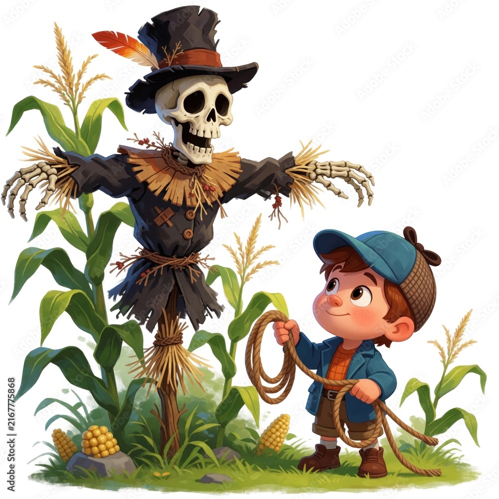 Fototapeta premium Curious boy with rope meets skeleton scarecrow in cornfield. Young detective investigates spooky figure among crops. Whimsical autumn scene, mystery, friendship themes.