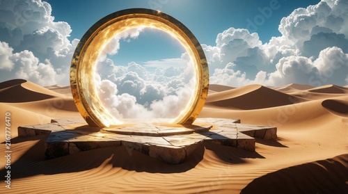 Golden portal on stone platform in barren desert opens to sky. Surreal fantasy gateway connects earthly sand dunes with cloudy heavens, inviting wonder.