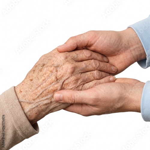A close-up shot shows one person's hands gently holding an elderly person's wrinkled hand, conveying care and support
