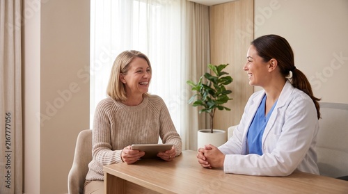 Doctor and patient smiling and talking during a consultation in a modern medical office