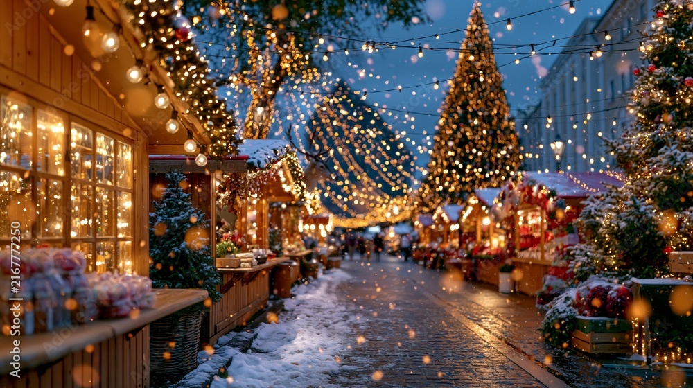 Fototapeta premium A magical winter evening at a Christmas market with glowing string lights, snow-covered trees, wooden stalls, and festive decorations creating a warm, cozy atmosphere.