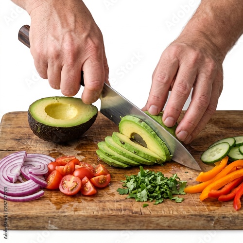 Chef slicing an avocado on a wooden cutting board with various fresh ingredients prepared for cooking. The ingredients include sliced red onion, cherry tomatoes, chopped cilantro, sliced cucumber.