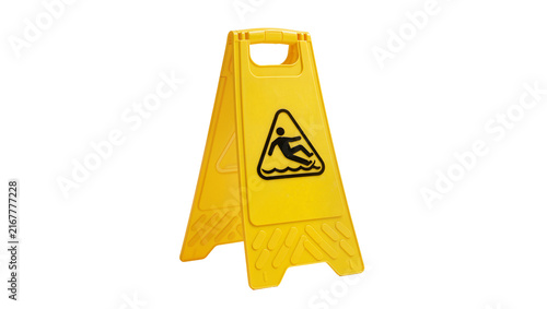 Konstfotografi Yellow A-frame wet floor caution sign with black pictogram, isolated on transpar
