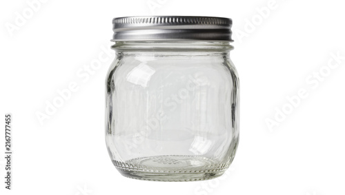 Clear glass mason jar with silver metal screw lid, isolated on transparent background