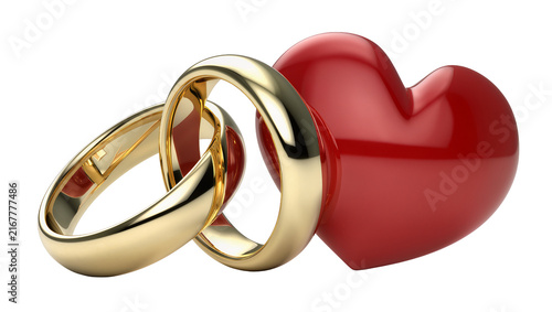 Cuadro en lienzo Two intertwined golden wedding rings with a glossy red heart, isolated on transp