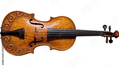 Принти на полотні Antique carved wooden violin with ornate scrollwork, isolated on transparent bac