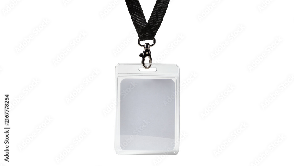 Obraz premium Clear plastic badge holder with black lanyard and metal clasp, isolated on transparent background