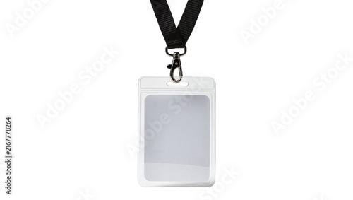 Clear plastic badge holder with black lanyard and metal clasp, isolated on transparent background