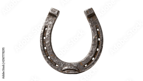 Rustic hammered metal horseshoe with nail holes, isolated on transparent background