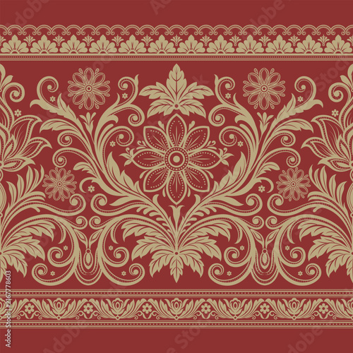 Vintage floral ethnic tapestry modern embroidery texture boho design illustration hand drawn flower motif branches leaves wallpaper seamless background border.