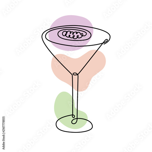 Martini glass line art with olives and pastel blobs