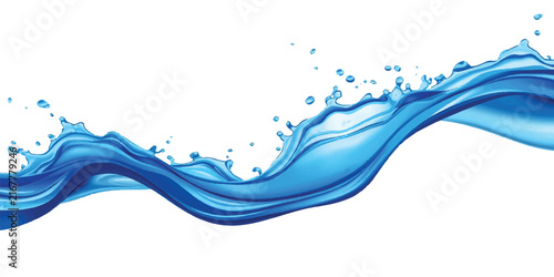 Blue Water Splash Wave with Bubbles and Drops Isolated on White Background