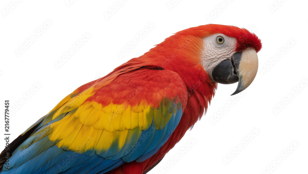 Obraz premium Vibrant scarlet macaw parrot with red yellow and blue plumage, isolated on transparent background