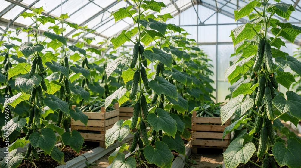 Fototapeta premium Rows of ripe cucumbers grow on vines inside a modern glass greenhouse. Wooden crates full of fresh produce await harvest. Plants thrive under bright, controlled conditions.