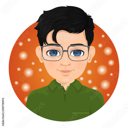 Portrait of a young boy with black hair and glasses