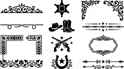 A large collection of old western design elements, embellishment, borders and divider lines.
