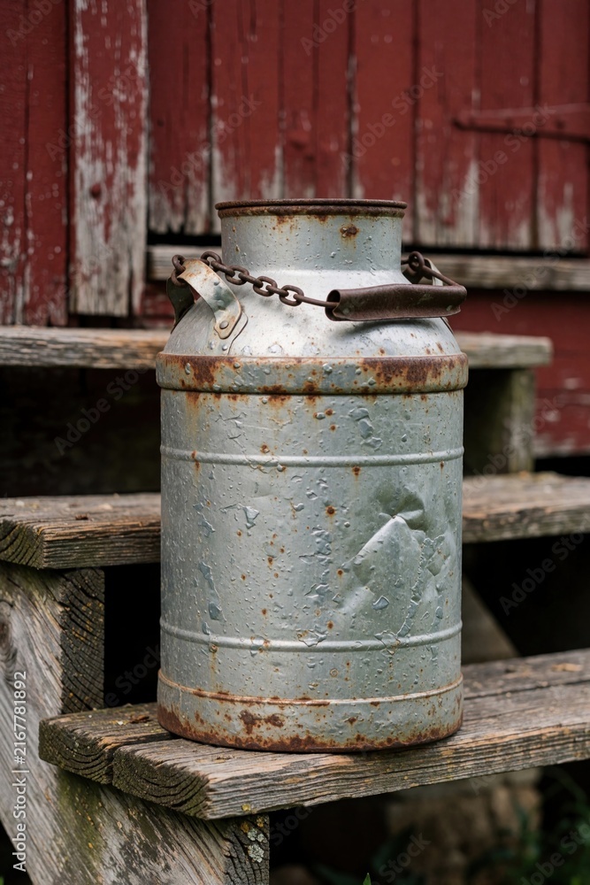 Obraz premium Old rusty metal milk can sits on wooden porch stpic. Antique farm pail with chain handle near rustic red barn. Rural nostalgia, vintage agriculture.