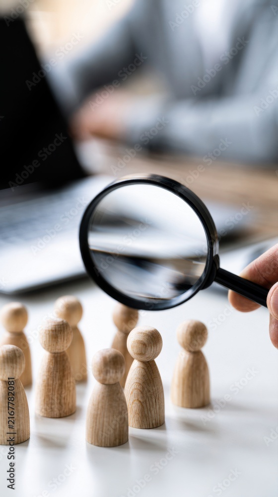 Naklejka premium Person holding magnifying glass over wooden human figures on desk representing recruitment assessment and team evaluation concept in office setting