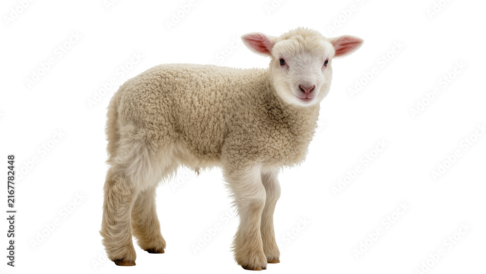 Fototapeta premium Fluffy white lamb with pink ears standing and looking forward, isolated on transparent background