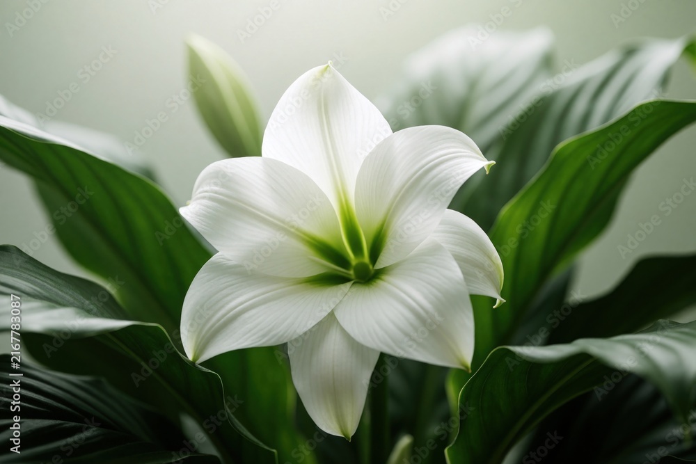 Fototapeta premium Closeup of white Amazon Lily blooming flower. Large green leaves surround beautiful Eucharis grandiflora blossom in garden. Elegant houseplant grows in pot. Pure floral petal texture, bright natural