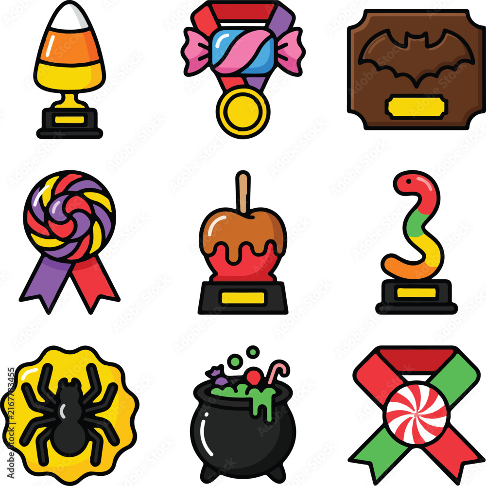 Fototapeta premium An assortment of Halloween-themed trophies, medals, and badges showcases candy, spiders, witches' cauldrons, and other festive autumn elements.