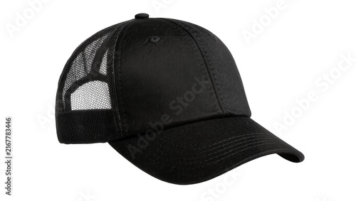 Canvastavla Black mesh trucker baseball cap with curved brim, isolated on transparent backgr
