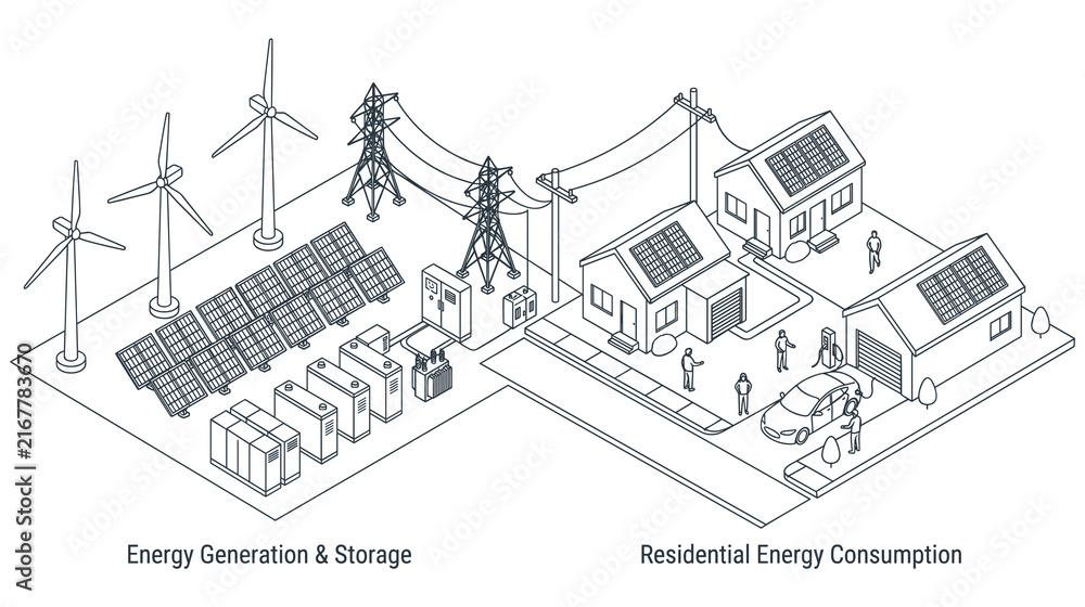 Fototapeta premium Isometric solar wind energy power system grid infographic.
