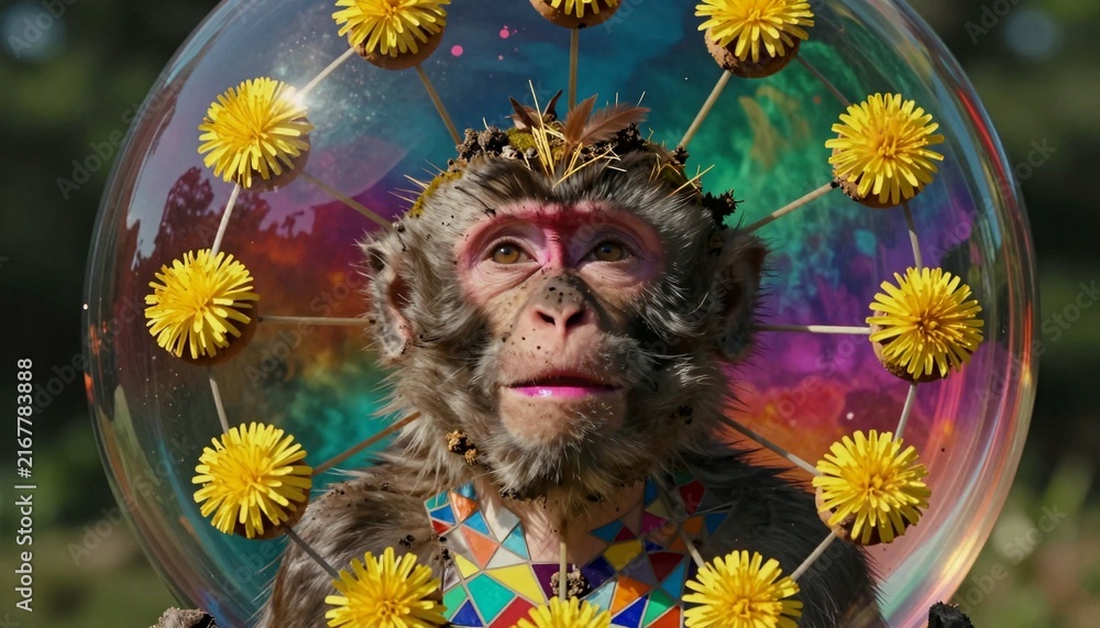 Fototapeta premium Monkey Encased in a Bubble with Dandelions and Rainbow Background