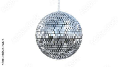 Картината върху платно Silver disco ball covered in mirrored squares hanging by a chain, isolated on tr