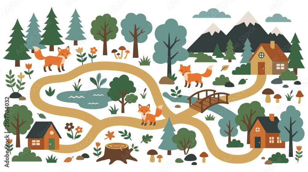 Fototapeta premium Forest landscape map icons set cute woodland characters.