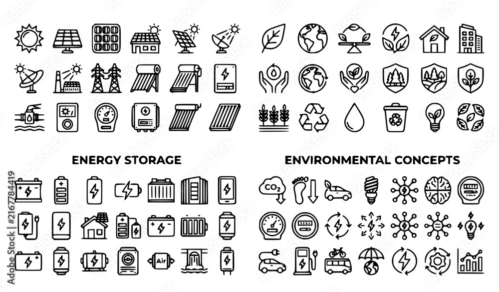 Obraz premium Solar Energy and Environmental Sustainability Line Icon Pack with Eco Battery and Renewable Power