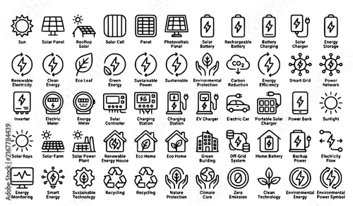 Solar Energy Line Icons Set with Solar Panel Battery Charging Eco Power and Renewable Electricity