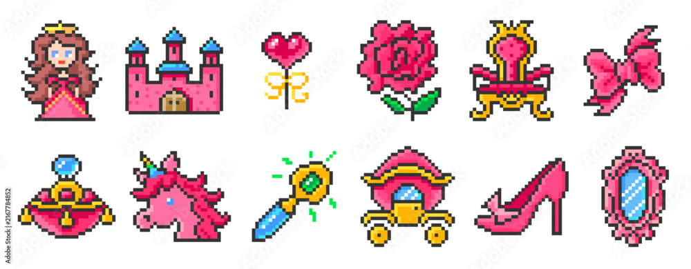 Fototapeta premium Princess Elements Pixel Art Set