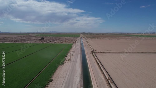 Aerial of an irrigation canal supplying water to farms in the Arizona desert