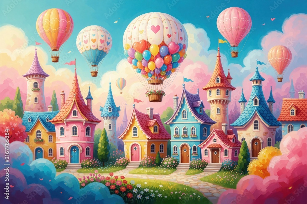 Fototapeta premium Whimsical cartoon town with colorful houses, tall towers. Bright hot air balloons fly in blue sky with puffy clouds. Dreamy fairytale village landscape features cute architecture, flowers, green