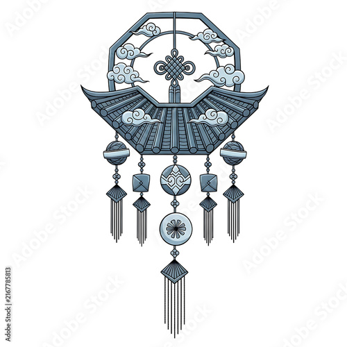 Ornate traditional chinese wall hanging decoration with clouds geometric patterns tassels decoration traditional oriental prosperity heritage historic architecture pavilion geometric