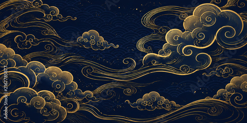 Vector japanese, chinese clouds background. Line golden asian sky pattern, curl drawn wind ornament, wave elegant poster.