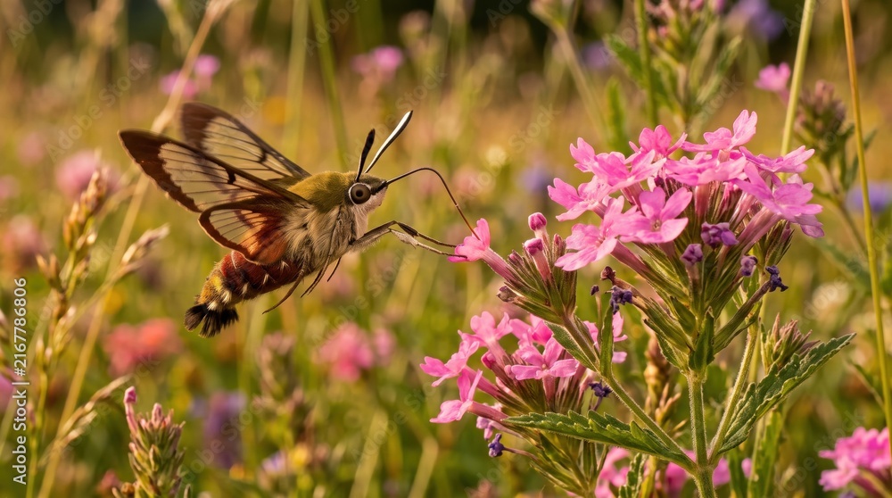 Naklejka premium Hummingbird moth flying and feeding on pink flowers in a sunny summer meadow