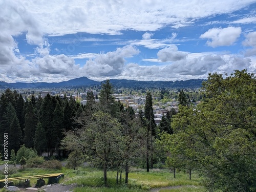 Cuadro en lienzo Downtown Eugene with tall buildings rises beyond the surrounding landscape in this elevated hilltop view, framed beneath a clear blue sky on a beautiful spring day
