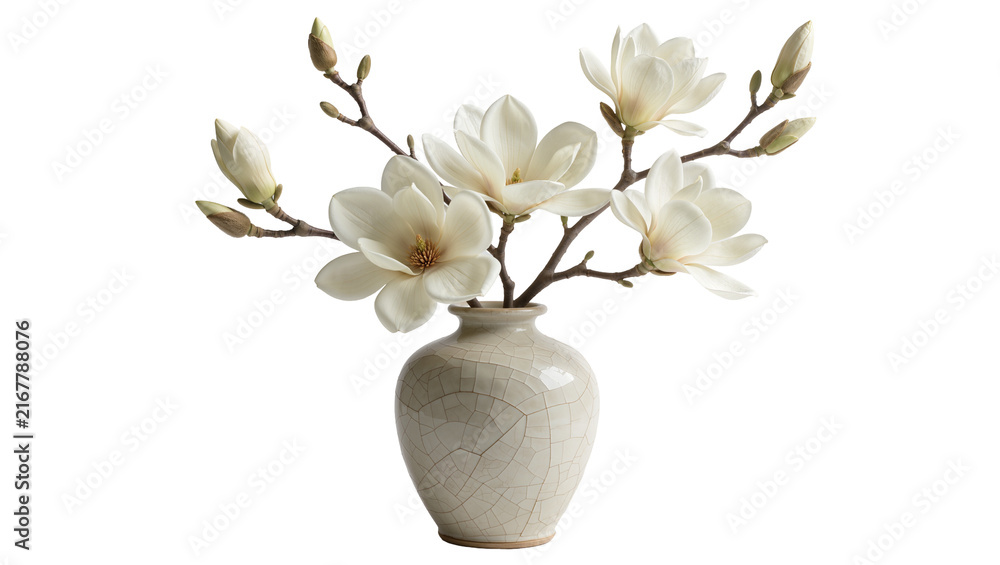 Naklejka premium Creamy white magnolia flowers and buds in a cracked ceramic vase, isolated on transparent background