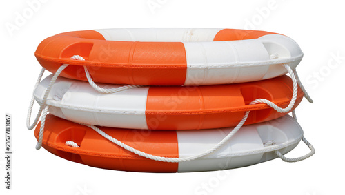 Fotografía Three orange and white life preservers stacked, isolated on transparent backgrou