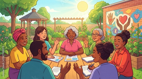 Diverse group of adults discussing community gardening around a table. Collaborative neighborhood meeting with notes, plants, outdoor education, inclusion, and social connection.