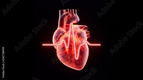 Glowing abstract anatomical heart with flowing neon lines on a dark background. Medical innovation, cardiology, healthcare technology, love, vitality, and emotional strength concept with copy space.