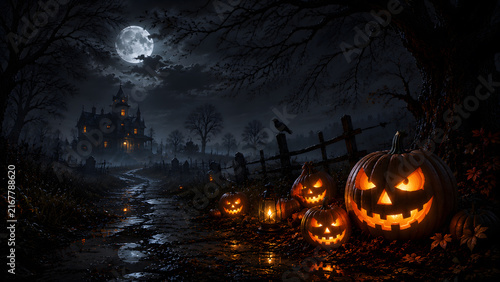 Spooky Halloween Night Landscape with Glowing Jack O Lanterns and Haunted Mansion