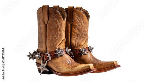 Foto Brown leather cowboy boots with star spurs, isolated on transparent background
