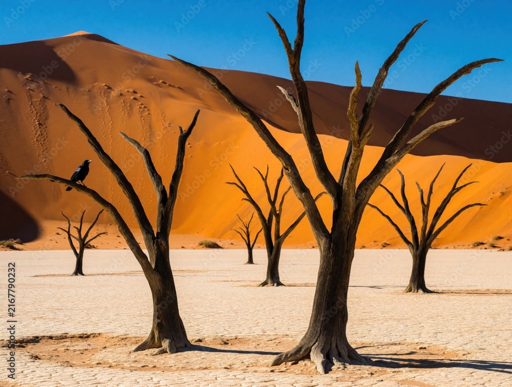 Naklejka premium Dead camel thorn trees stand in white clay pan under orange sand dunes. Black bird sits on dry branch in Namib desert. Arid landscape with big dunes, blue sky at sunrise. Barren nature scene in