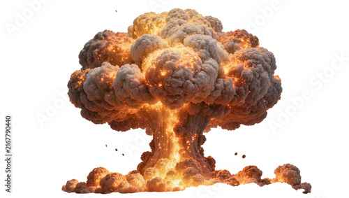 Massive mushroom cloud explosion with fiery embers, isolated on transparent background