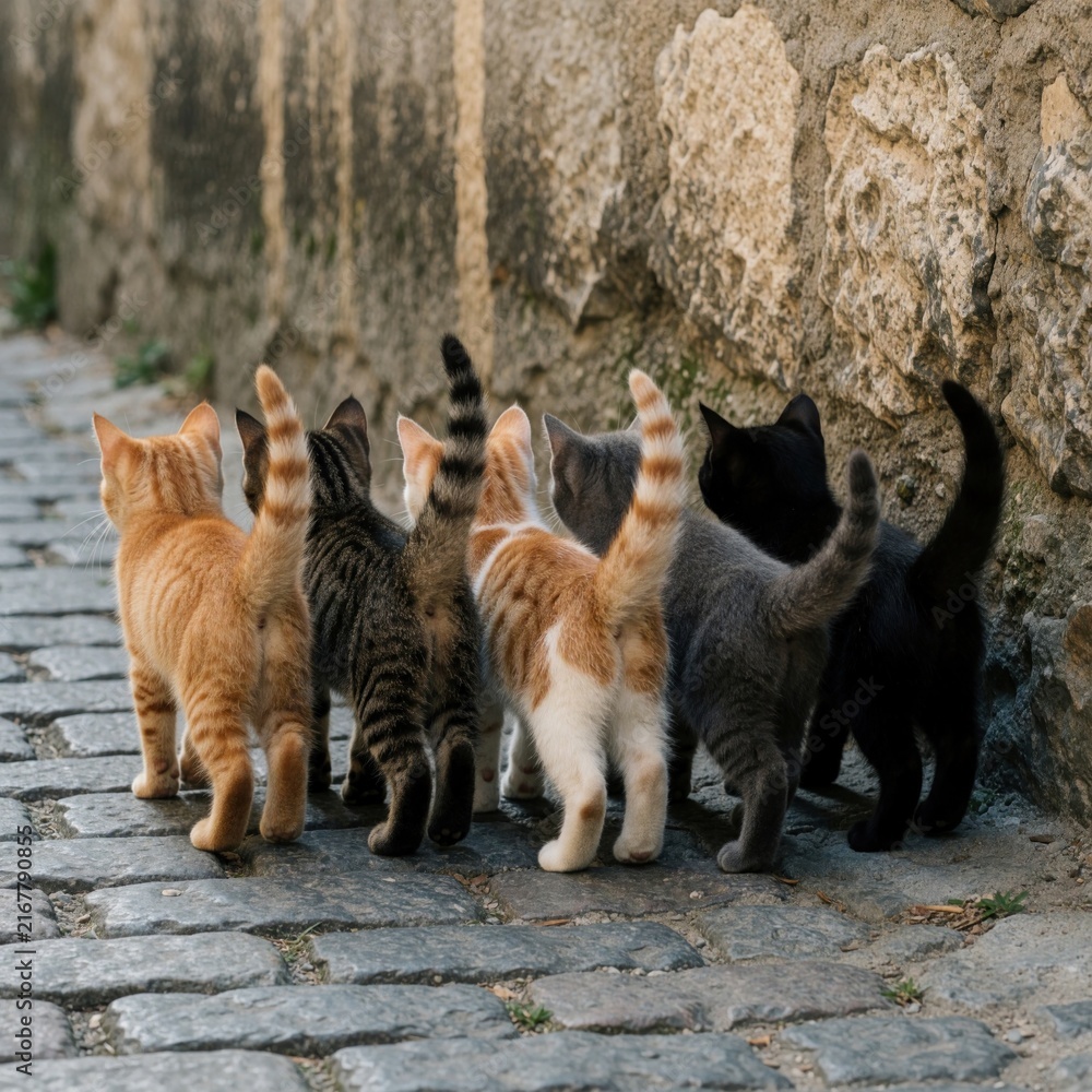 Fototapeta premium Six cats walk together on cobblestone street next to stone wall. Group includes orange, black, striped, grey, black cats. Move in line, tails raised, exploring urban environment. Cats appear playful,