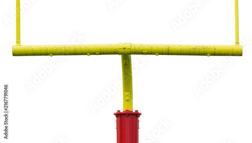 Фотография Yellow goalpost with red base showing water droplets, isolated on transparent ba