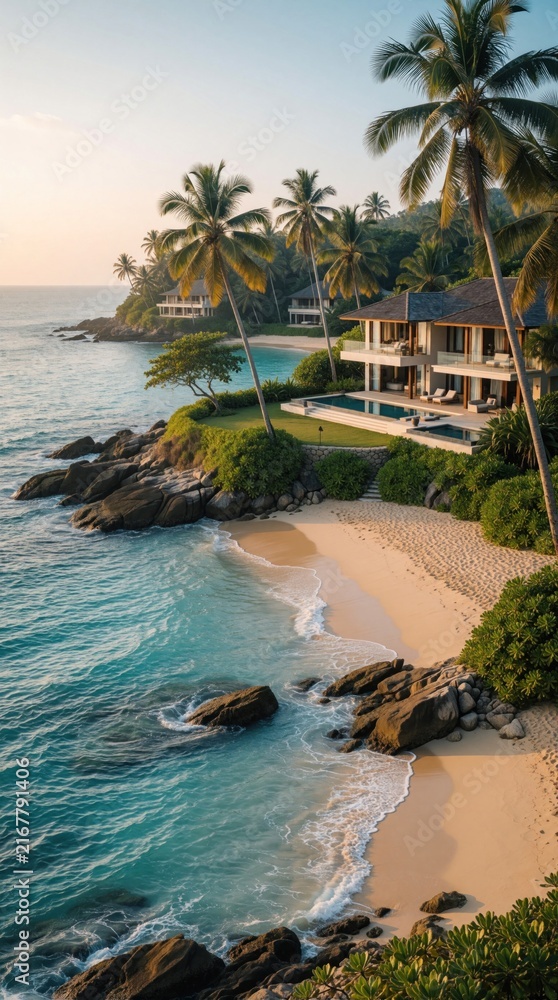 Fototapeta premium Luxury villa with infinity pool sits on tropical beach coastline. Palm trees sway over turquoise ocean waters and sandy shore. Peaceful island residence for exclusive holidays.